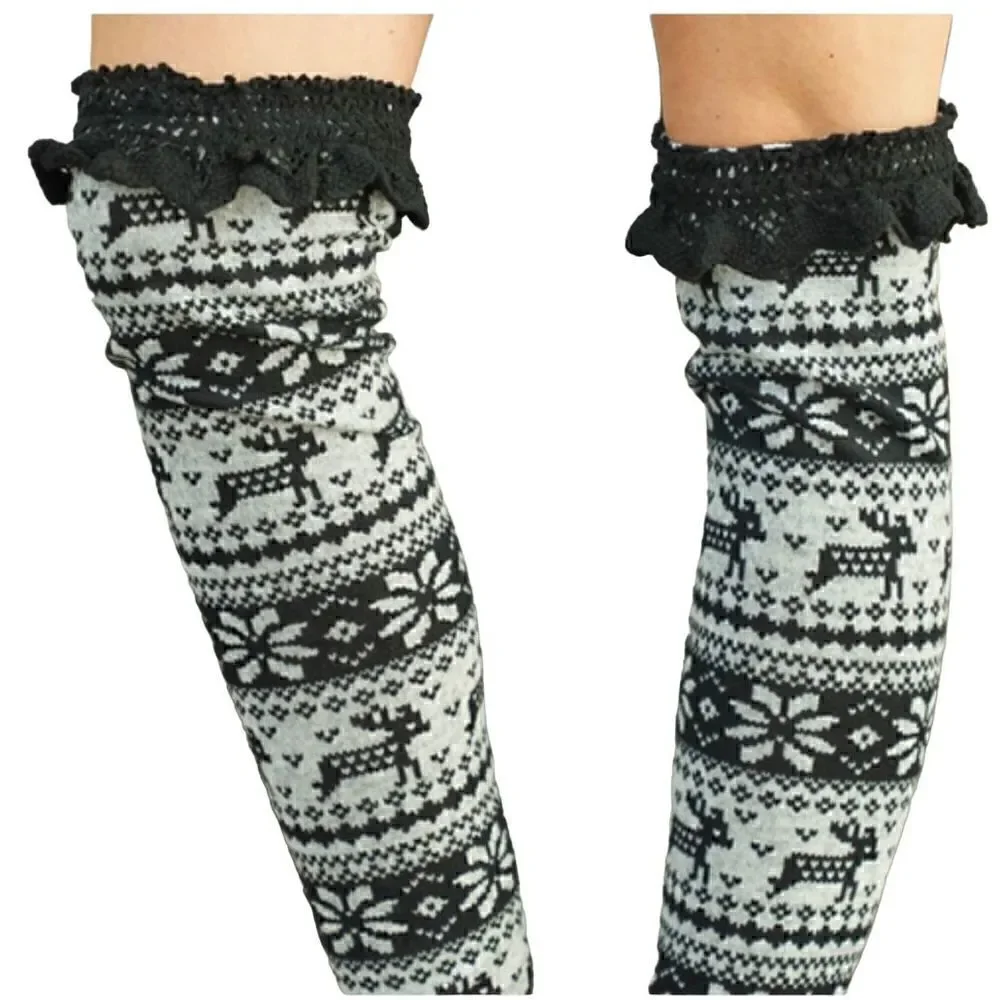 Nordic Print Leg Warmer/Boot Topper Crochet Lace Over the Knee Black And Gray S/